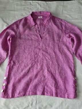 Sigrid Olsen 100% Linen Womens Blouse Pink Purple Sz M Side Buttons Collared V-n
